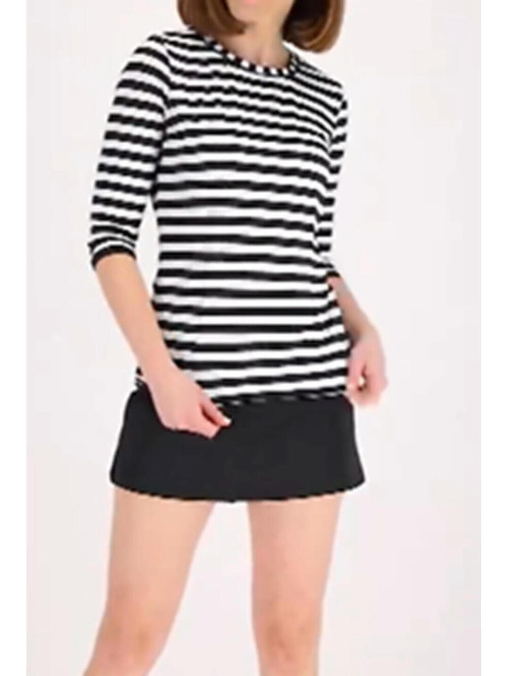 2824 Denim & Co Beach Crew Neck Rash Guard Tankini with Skirt BLACK STRIPE sz 2